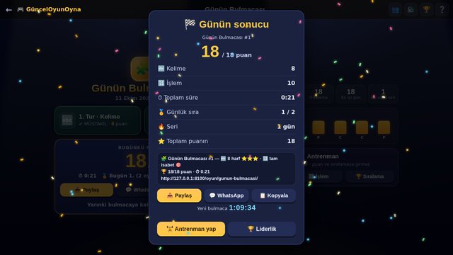 Günün Bulmacası gün sonu, seri ve paylaşım kartı