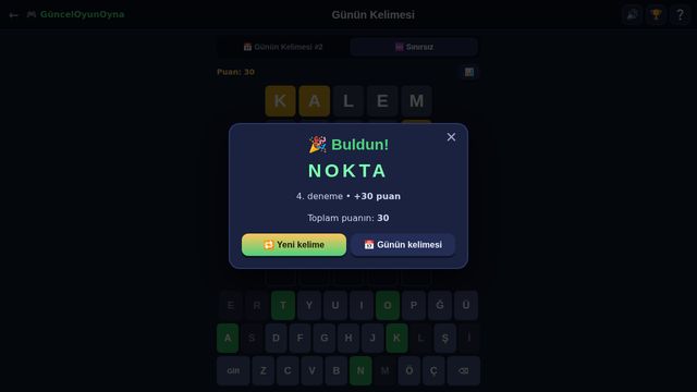 Günün Kelimesi kazanma ekranı