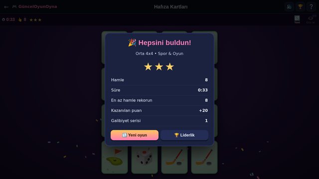 Hafıza kartları oyun sonu yıldızlar