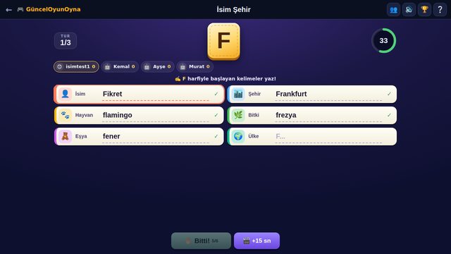 İsim Şehir: harf kartı ve kategori kutuları