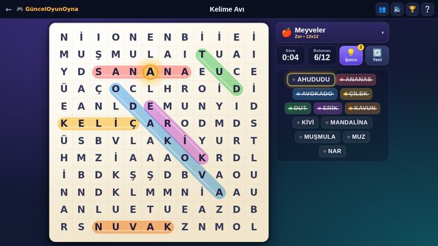 Kelime Avı zor seviye 12x12 tablo ve parlayan ipucu harfi
