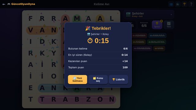 Kelime Avı bulmaca tamamlandı, süre ve kazanılan puan