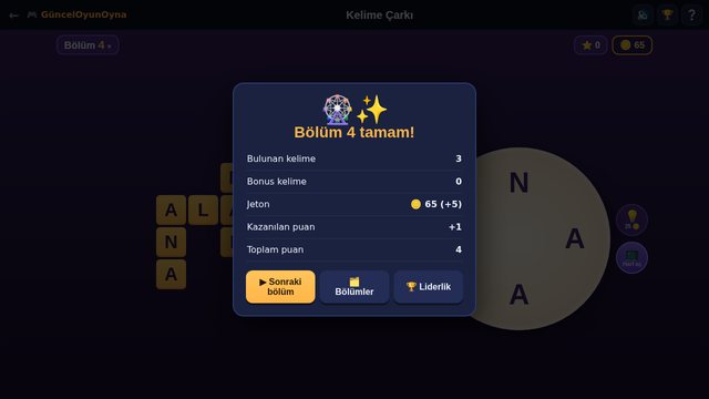 Kelime Çarkı bölüm tamamlandı