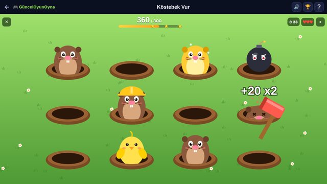 Köstebek Vur oyun ekranı köstebekler ve çekiç