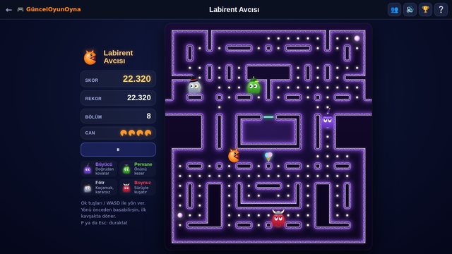 Labirent Avcısı mor temalı ileri bölüm ve bonus nesne