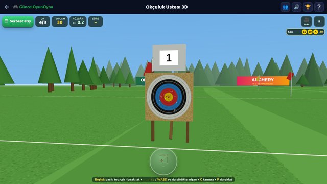 Okçuluk Ustası 3D: atış alanında yayı germiş okçu ve hedef