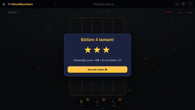 Otopark Kaçışı bölüm sonu 3 yıldız ekranı