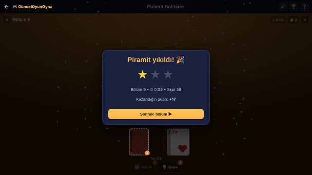 Piramit Solitaire bölüm tamamlandı
