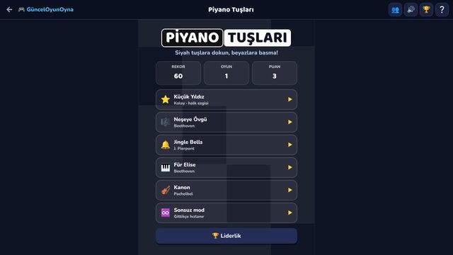 Piyano Tuşları: şarkı seçimi