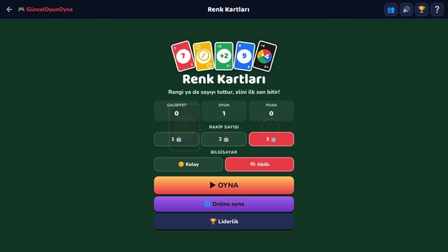 Renk Kartları: oyun menüsü