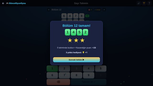Sayı Tahmin bölüm tamam ve yıldızlar