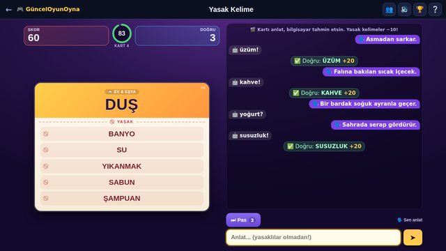 Yasak Kelime: anlatıcının gördüğü kart ve yasaklı kelimeler