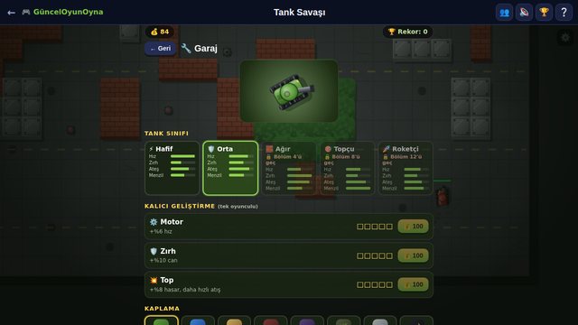 Tank Savaşı garaj ve tank sınıfları