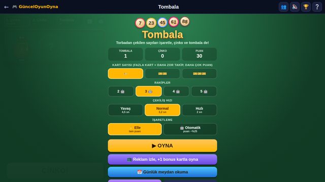 Tombala: oyun menüsü ve ayarlar