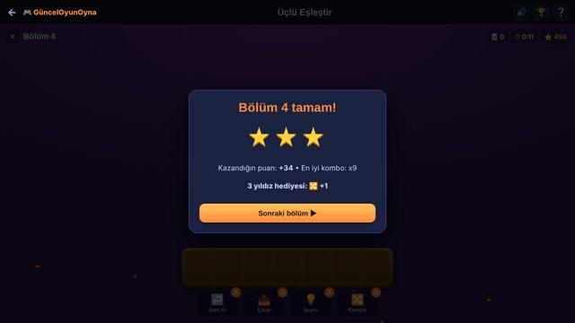 Üçlü Eşleştir bölüm sonu 3 yıldız ekranı