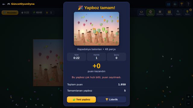 Yapboz tamamlandı, süre ve puan
