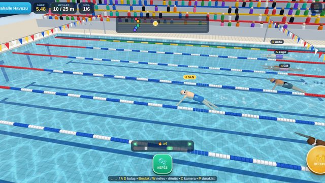 Yüzme Şampiyonu 3D: altı kulvarlı olimpik havuzda kurbağalama yarışı, ritim çubuğu ve sıralama